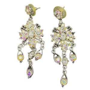 Vtg 90s Bridal Wedding Chandelier Earrings Silver Tone‎ Rhinestone Sparkly Glam